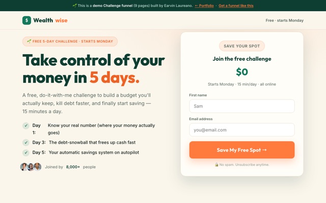 Wealthwise 5-Day Challenge funnel