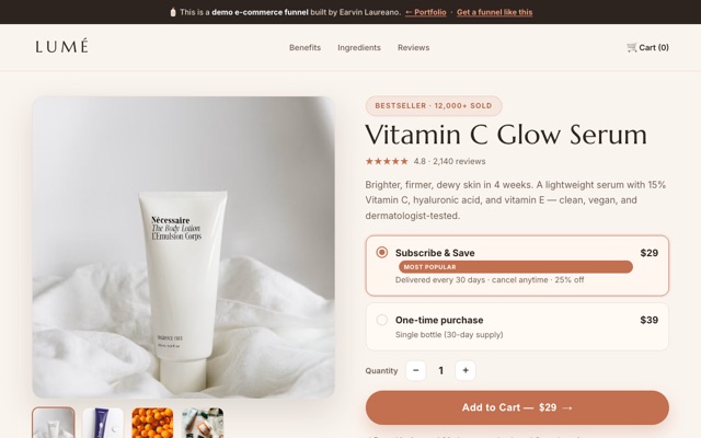 LUMÉ skincare e-commerce funnel