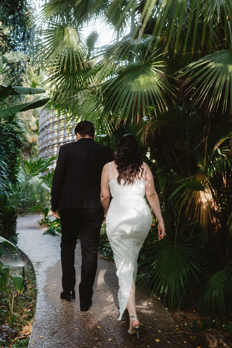 A couple walking hand in hand along a garden path under palm trees, seen from behind