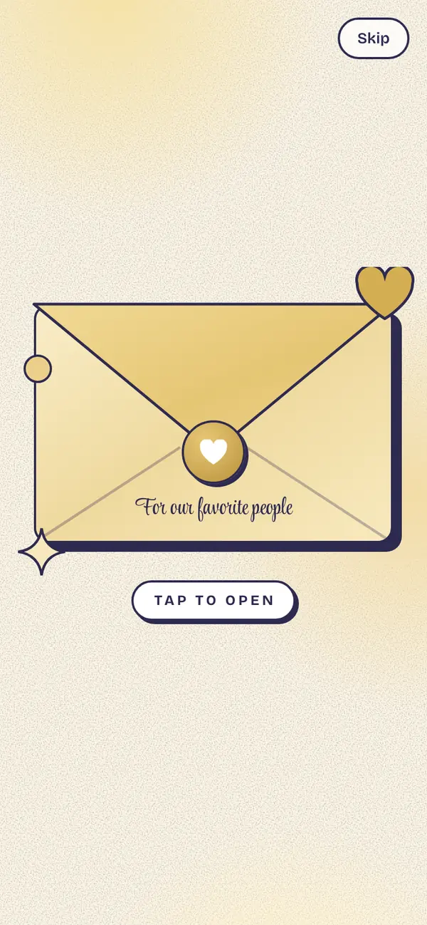 Our wedding website on a phone: a gold envelope that says Tap to open