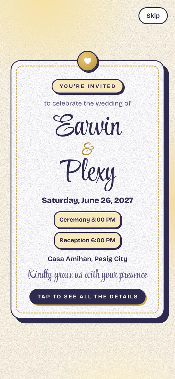 Our wedding website on a phone: the invitation card with our names